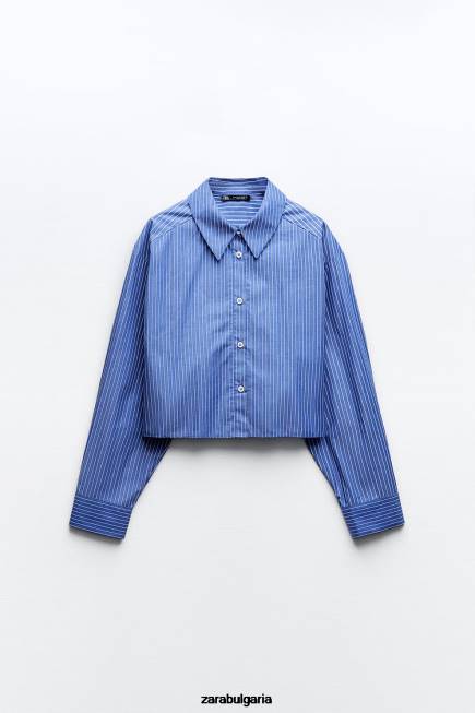 Zara облекло 66FT288 Жени раирана изрязана риза синьо/бяло