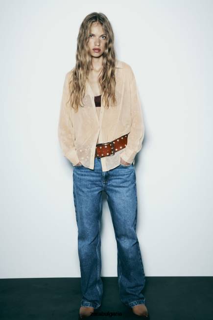 Zara облекло 66FT294 Жени полупрозрачна бродирана риза бежово