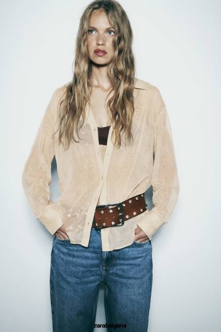 Zara облекло 66FT294 Жени полупрозрачна бродирана риза бежово