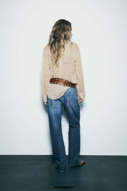 Zara облекло 66FT294 Жени полупрозрачна бродирана риза бежово