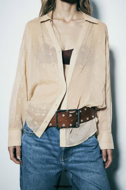 Zara облекло 66FT294 Жени полупрозрачна бродирана риза бежово
