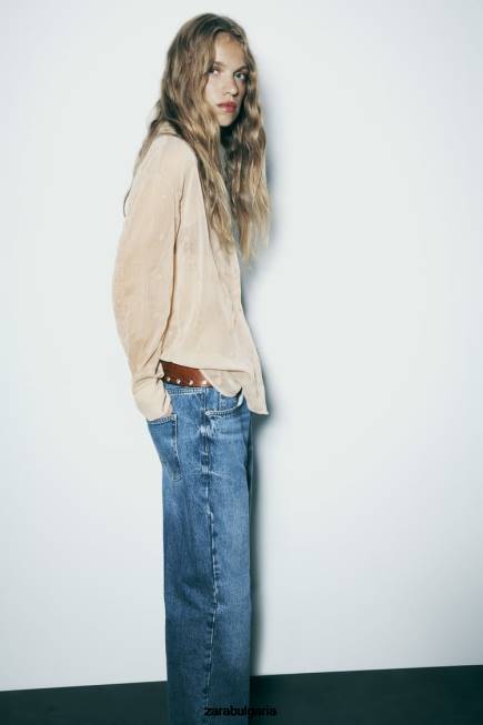 Zara облекло 66FT294 Жени полупрозрачна бродирана риза бежово