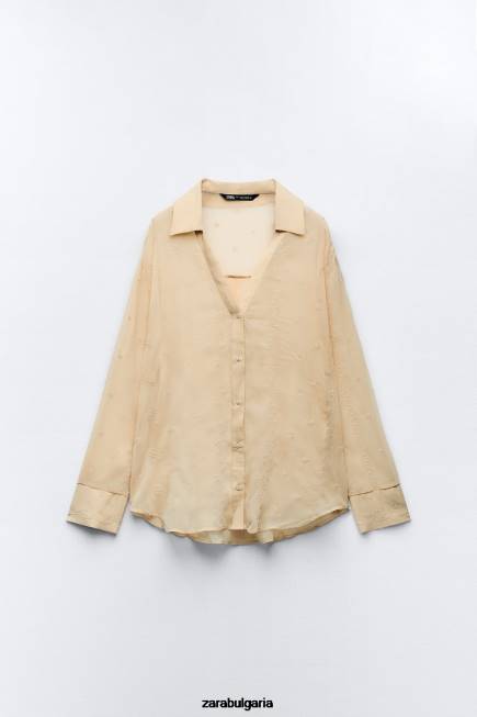 Zara облекло 66FT294 Жени полупрозрачна бродирана риза бежово