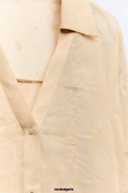 Zara облекло 66FT294 Жени полупрозрачна бродирана риза бежово