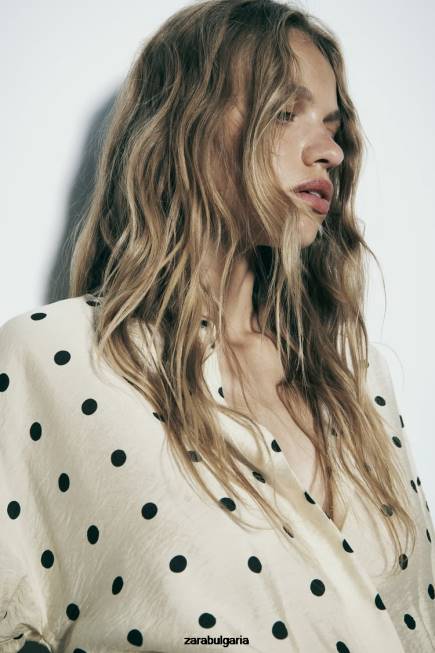 Zara облекло 66FT295 Жени риза на точки екрю/черно