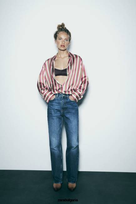 Zara облекло 66FT296 Жени раирана сатенена риза многоцветен