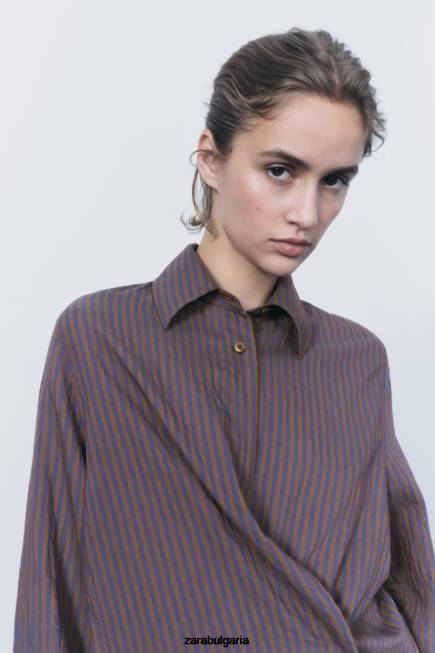 Zara облекло 66FT299 Жени zw колекция мулти/позиционна минималистична раирана риза кафяво/синьо