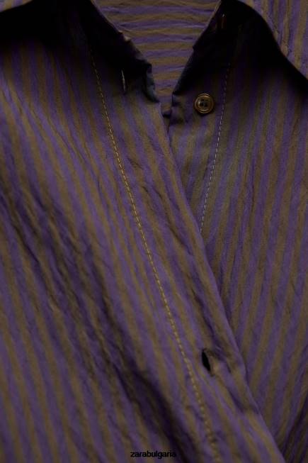 Zara облекло 66FT299 Жени zw колекция мулти/позиционна минималистична раирана риза кафяво/синьо