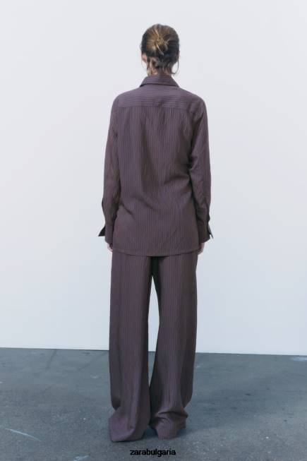 Zara облекло 66FT299 Жени zw колекция мулти/позиционна минималистична раирана риза кафяво/синьо