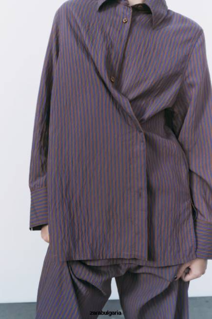 Zara облекло 66FT299 Жени zw колекция мулти/позиционна минималистична раирана риза кафяво/синьо