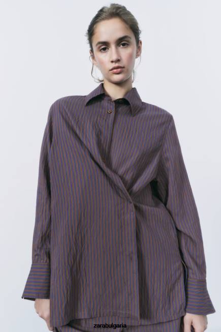 Zara облекло 66FT299 Жени zw колекция мулти/позиционна минималистична раирана риза кафяво/синьо
