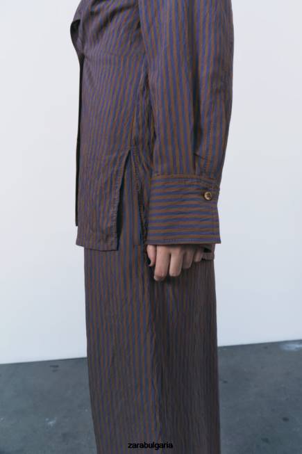 Zara облекло 66FT299 Жени zw колекция мулти/позиционна минималистична раирана риза кафяво/синьо
