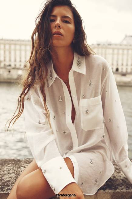 Zara облекло 66FT307 Жени риза с бродирани бижута бяла стрида