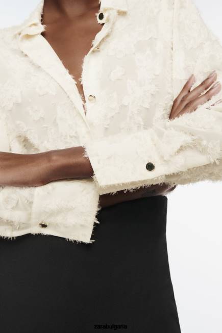 Zara облекло 66FT308 Жени структурирана риза на цветя екрю