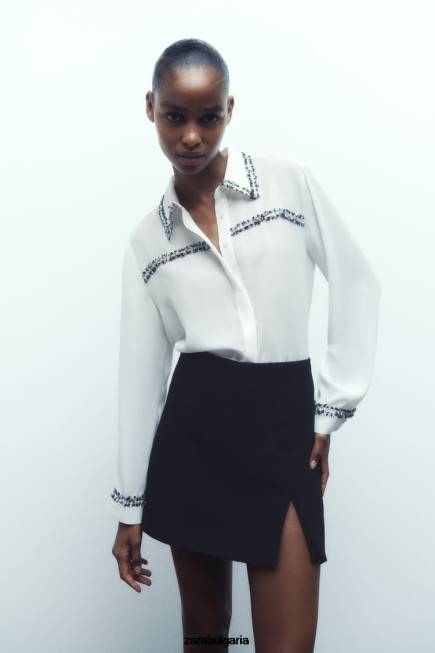 Zara облекло 66FT309 Жени комбинирана текстурирана риза бяла стрида