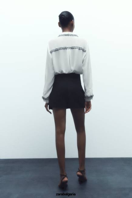 Zara облекло 66FT309 Жени комбинирана текстурирана риза бяла стрида