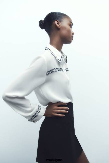 Zara облекло 66FT309 Жени комбинирана текстурирана риза бяла стрида