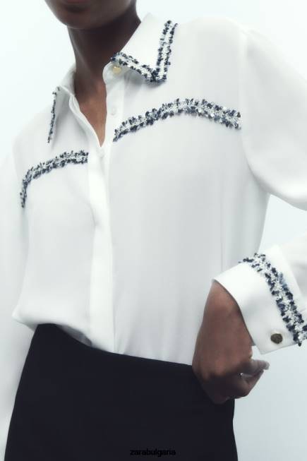 Zara облекло 66FT309 Жени комбинирана текстурирана риза бяла стрида