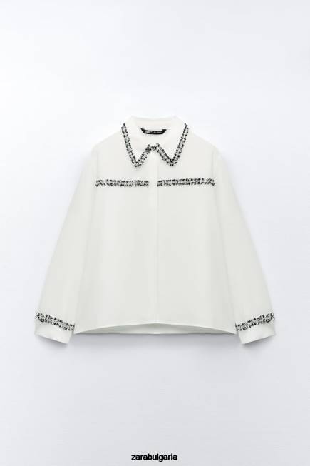 Zara облекло 66FT309 Жени комбинирана текстурирана риза бяла стрида
