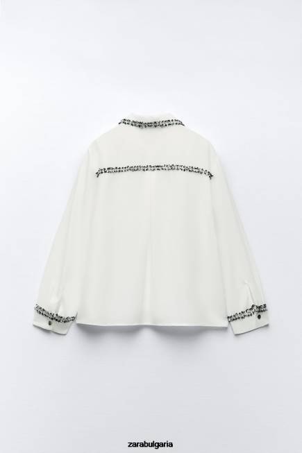 Zara облекло 66FT309 Жени комбинирана текстурирана риза бяла стрида