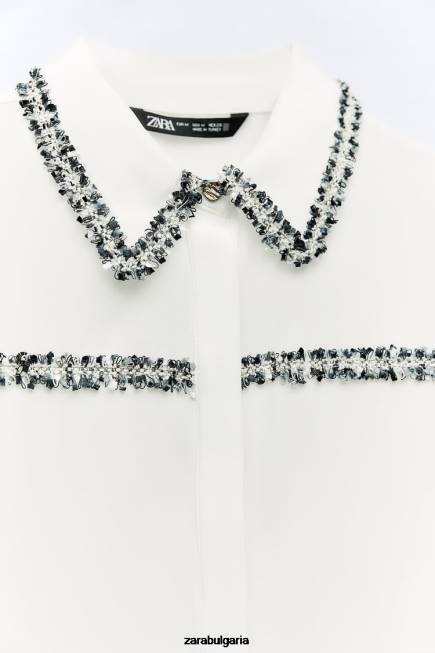 Zara облекло 66FT309 Жени комбинирана текстурирана риза бяла стрида