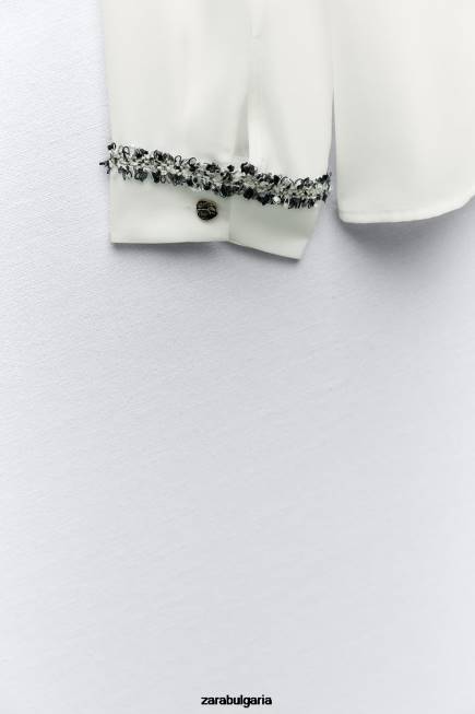 Zara облекло 66FT309 Жени комбинирана текстурирана риза бяла стрида