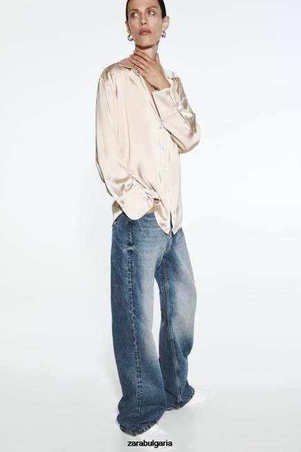 Zara облекло 66FT312 Жени струяща се сатенена риза меко злато