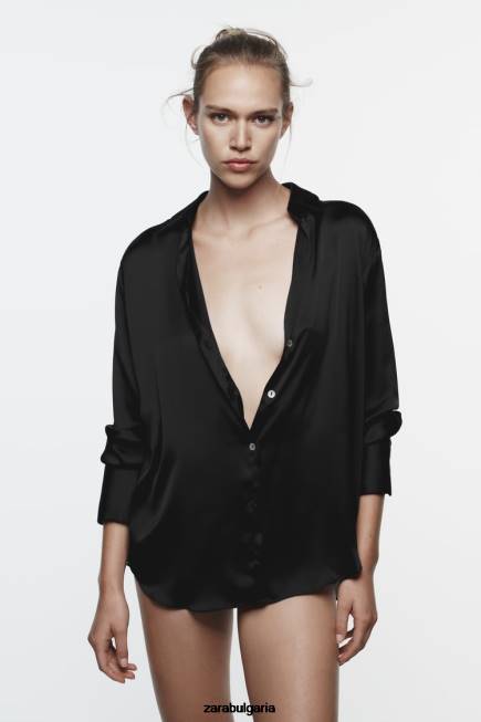 Zara облекло 66FT314 Жени риза със сатенен ефект черен
