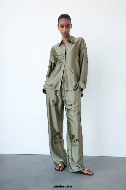 Zara облекло 66FT317 Жени риза със сатенен ефект на пайети градински чай зелен