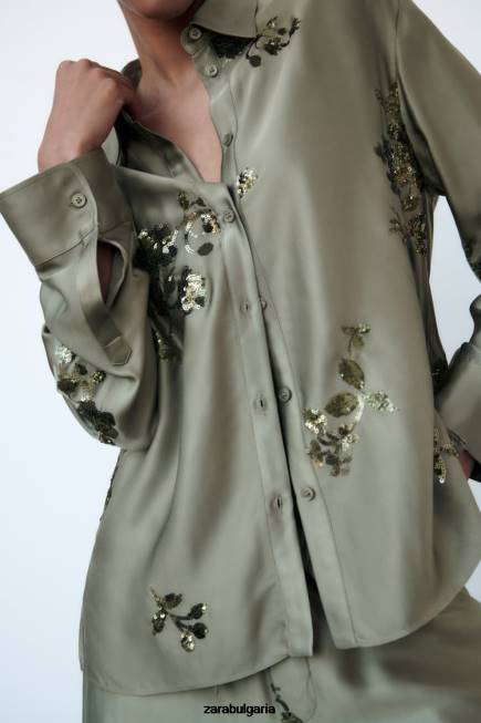 Zara облекло 66FT317 Жени риза със сатенен ефект на пайети градински чай зелен