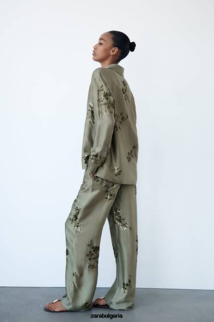 Zara облекло 66FT317 Жени риза със сатенен ефект на пайети градински чай зелен