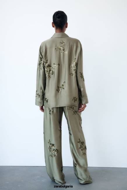 Zara облекло 66FT317 Жени риза със сатенен ефект на пайети градински чай зелен