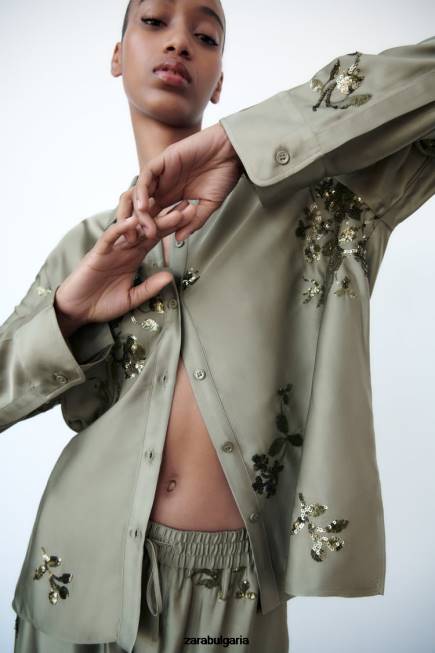 Zara облекло 66FT317 Жени риза със сатенен ефект на пайети градински чай зелен