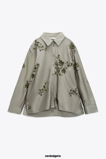 Zara облекло 66FT317 Жени риза със сатенен ефект на пайети градински чай зелен