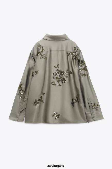 Zara облекло 66FT317 Жени риза със сатенен ефект на пайети градински чай зелен