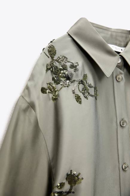 Zara облекло 66FT317 Жени риза със сатенен ефект на пайети градински чай зелен