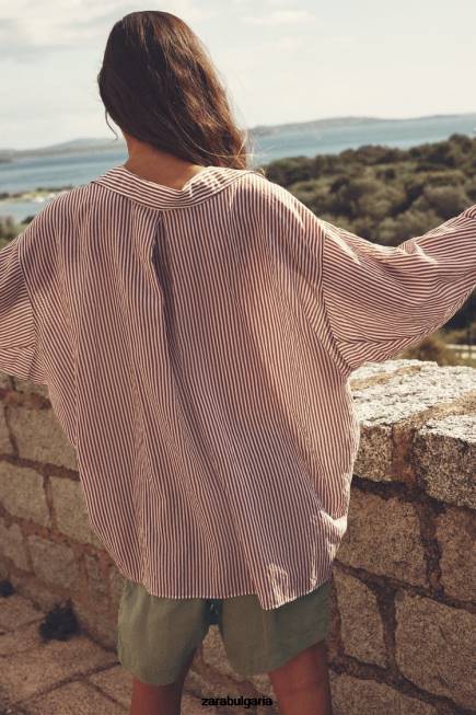 Zara облекло 66FT322 Жени голяма раирана риза бежово/кафяво