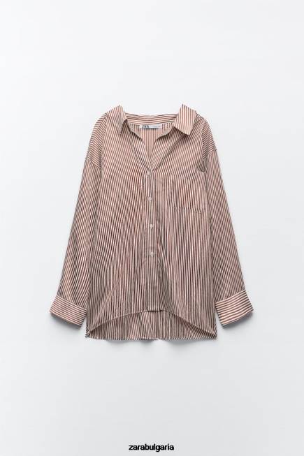 Zara облекло 66FT322 Жени голяма раирана риза бежово/кафяво