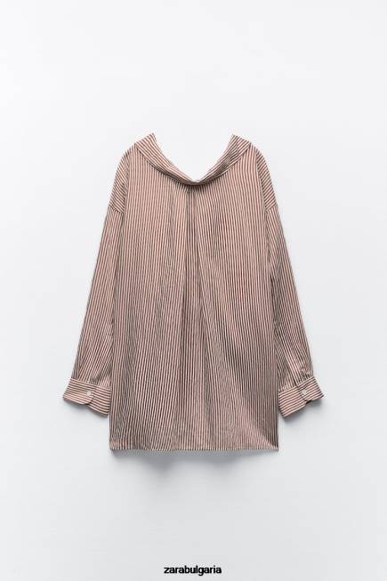 Zara облекло 66FT322 Жени голяма раирана риза бежово/кафяво