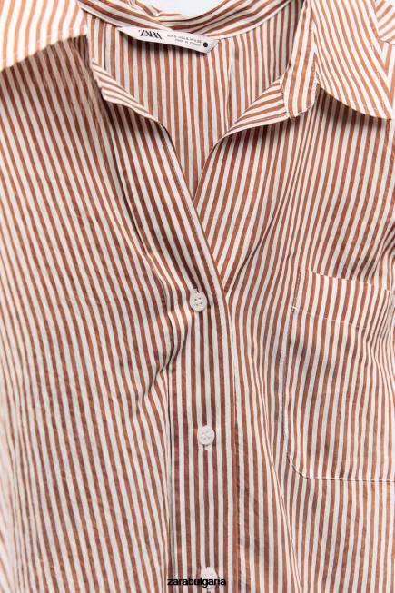 Zara облекло 66FT322 Жени голяма раирана риза бежово/кафяво