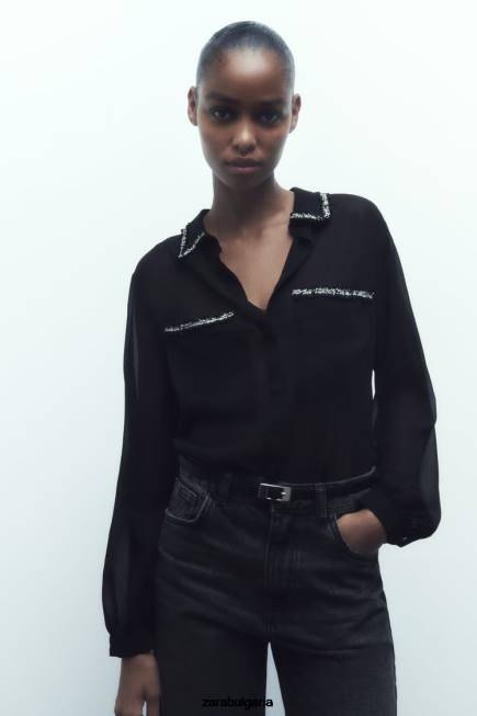 Zara облекло 66FT326 Жени комбинирана текстурирана риза черен