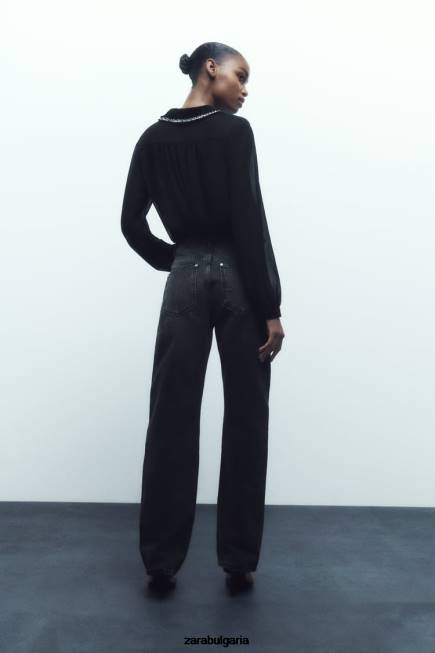 Zara облекло 66FT326 Жени комбинирана текстурирана риза черен