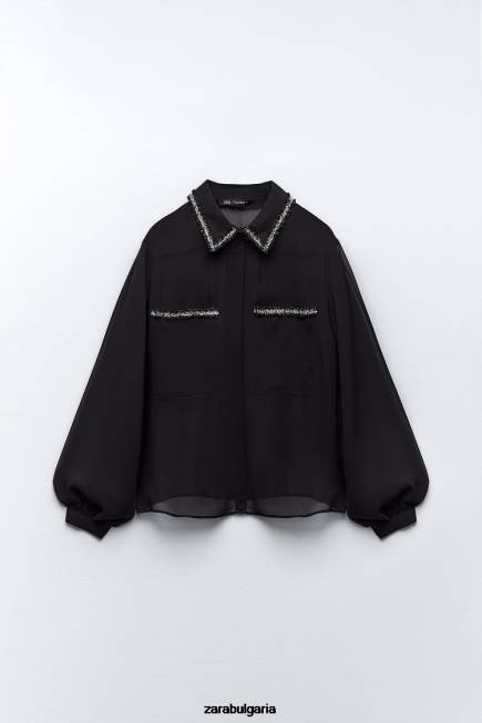 Zara облекло 66FT326 Жени комбинирана текстурирана риза черен