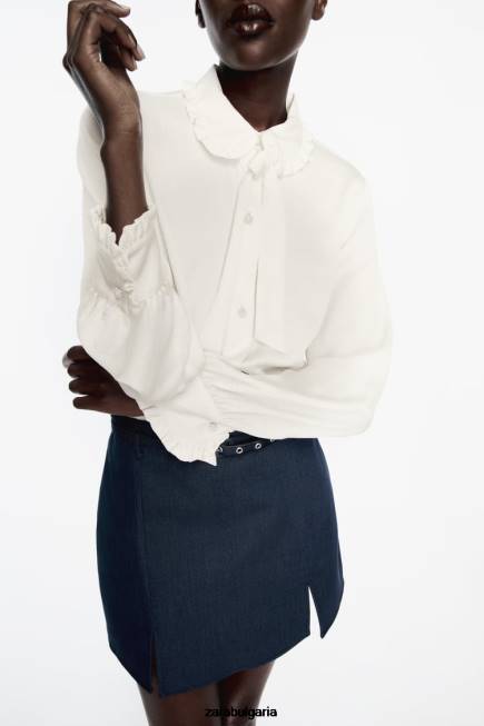 Zara облекло 66FT328 Жени набръчкана риза с волани екрю