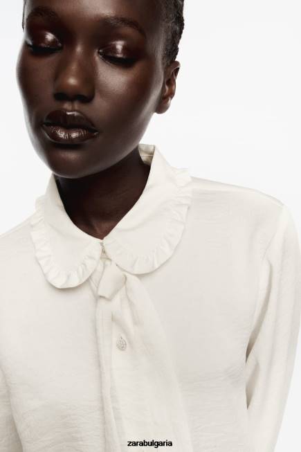 Zara облекло 66FT328 Жени набръчкана риза с волани екрю