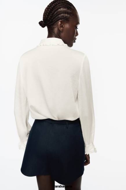 Zara облекло 66FT328 Жени набръчкана риза с волани екрю