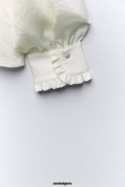 Zara облекло 66FT328 Жени набръчкана риза с волани екрю