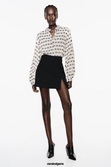 Zara облекло 66FT331 Жени сатенена риза с геометричен принт екрю/черно