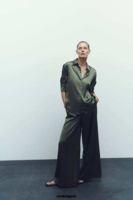 Zara облекло 66FT334 Жени риза със сатенен ефект тъмнозелено