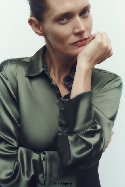 Zara облекло 66FT334 Жени риза със сатенен ефект тъмнозелено